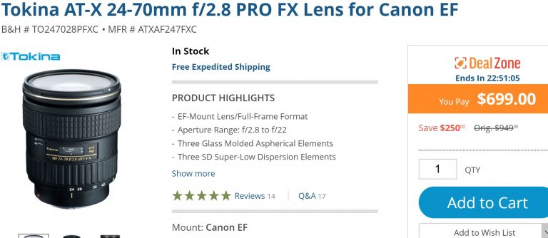 Today Only at B&H: Tokina AT-X 24-70mm f/2.8 PRO FX Lens for $699 !